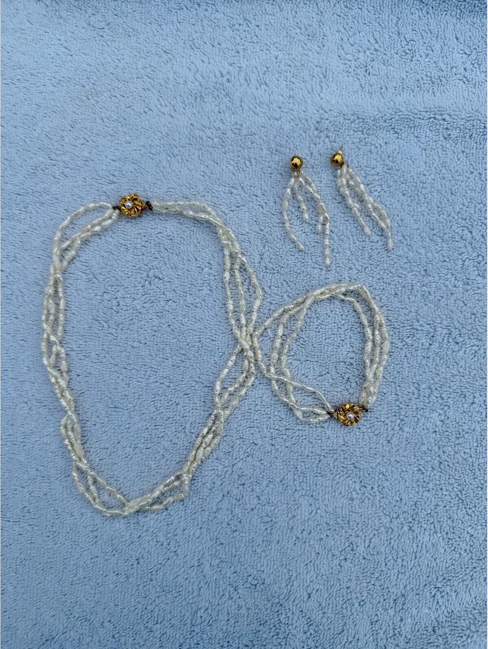 Vintage Multi Strand Rice Pearl Necklace Bracelet Dangle Earrings Set Clasp